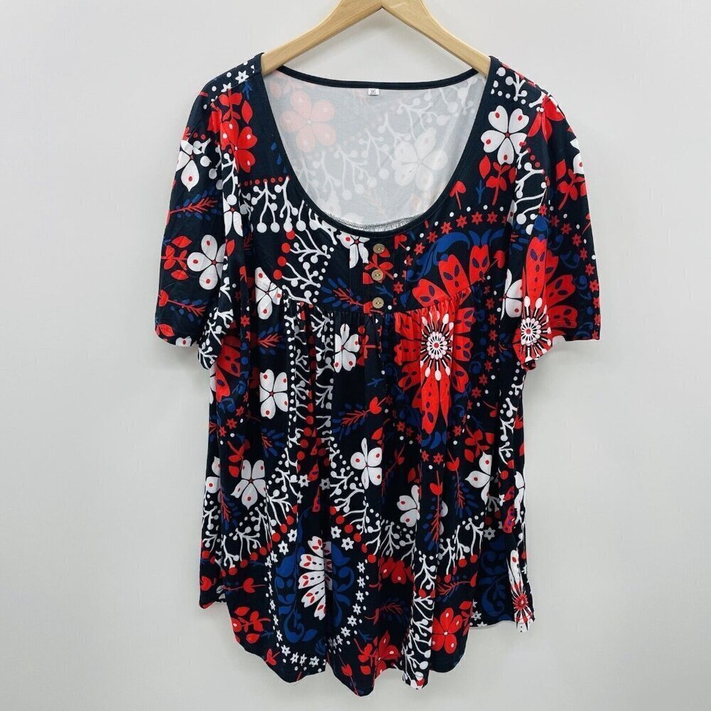 Womens Plus Size 3XL Scoop Neck Short Sleeve Floral Printed Blouse in Black 2631